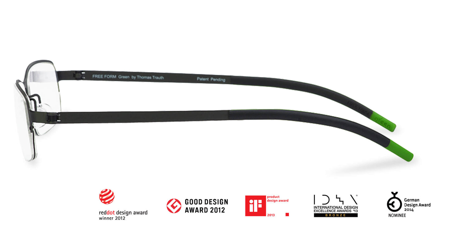 Free Form Eyewear™ Titanium 14g feather-light eyeglasses in green half-frame design with screwless hinges. Luxury German design for men and women.