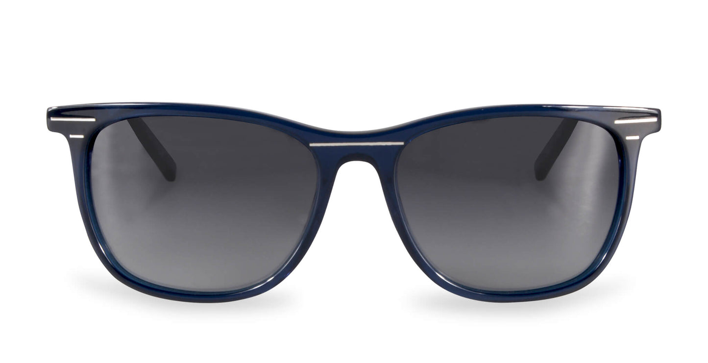 Front view of PROGEAR Urban BI-6008 sunglasses in navy blue with dark gray lenses. Designed for prescription and sun protection.