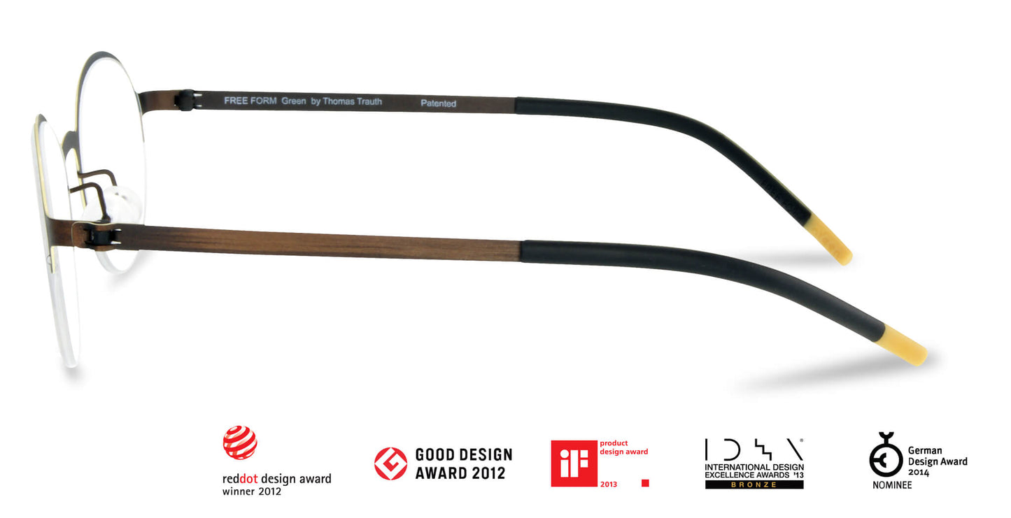 Free Form Eyewear™ Titanium 14g feather-light eyeglasses in green half-frame design with screwless hinges and German engineering. Award-winning luxury titanium glasses for men and women, ideal for strong prescriptions and blue light protection.