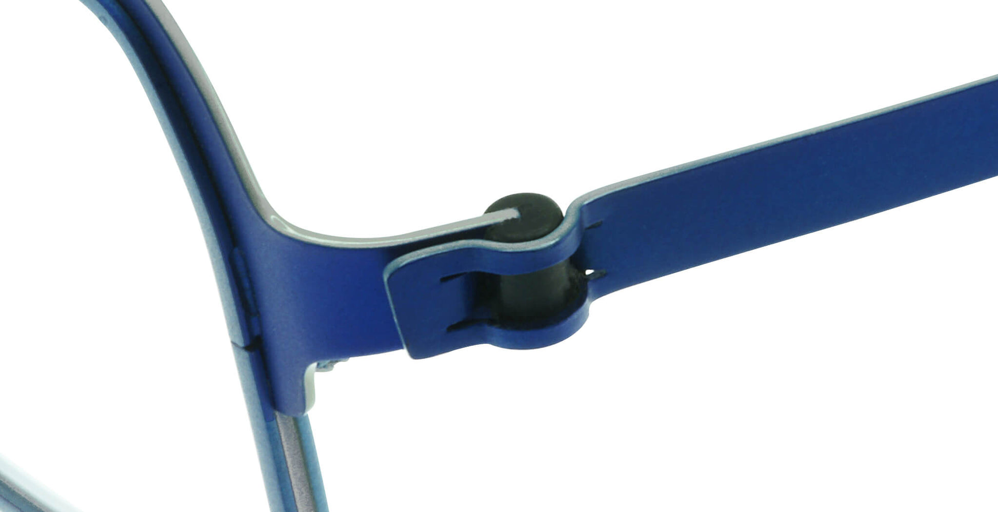Close-up of Free Form Eyewear™ FFA924 titanium eyeglasses in blue, showcasing the screwless hinge design and lightweight full frame construction.