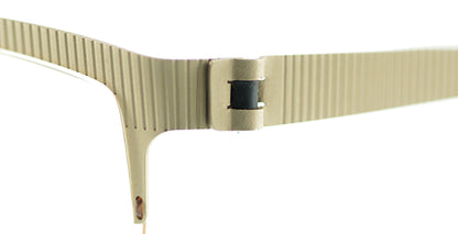 Close-up of Free Form Eyewear™ FFA932 titanium eyeglasses in green, showcasing screwless hinge and ribbed half-frame design. Lightweight 14g German engineering.