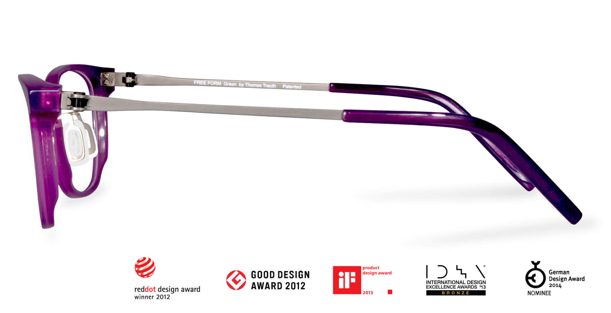 Side view of Free Form Eyewear™ Titanium 14g feather-light eyeglasses in green-purple full frame, showcasing screwless hinge and German design.