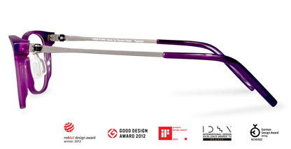 Side view of Free Form Eyewear™ Titanium 14g feather-light eyeglasses in green-purple full frame, showcasing screwless hinge and German design.