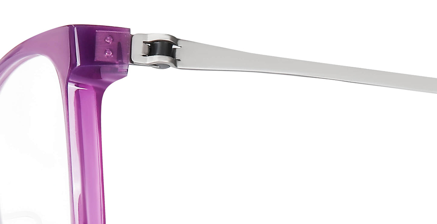 Close-up of Free Form Eyewear™ Model FFA993 in purple with titanium screwless hinge, showcasing lightweight 14g German design for eyeglasses.