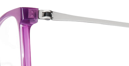 Close-up of Free Form Eyewear™ Model FFA993 in purple with titanium screwless hinge, showcasing lightweight 14g German design for eyeglasses.
