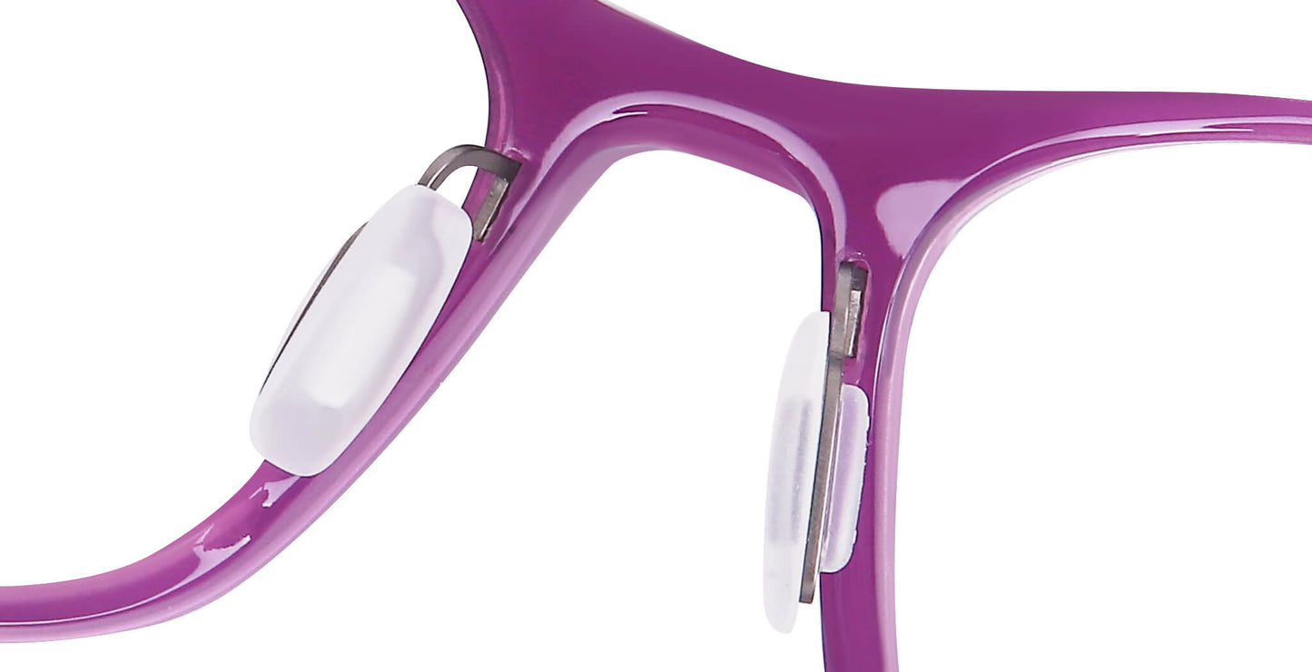 Close-up of Free Form Eyewear™ Titanium 14g feather-light eyeglasses in purple, showing screwless hinge and adjustable nose pads for comfort.