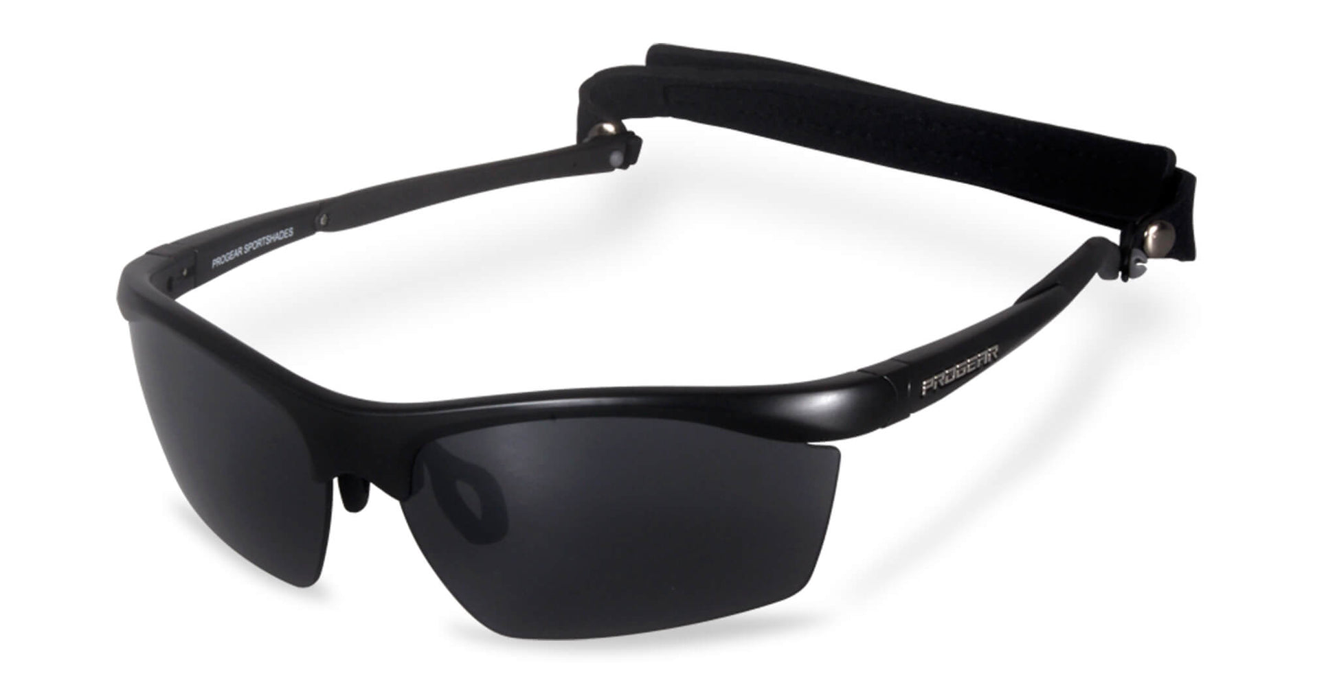 Black PROGEAR polarized fishing sunglasses with dark lenses and adjustable strap for secure fit and glare-free vision during fishing.