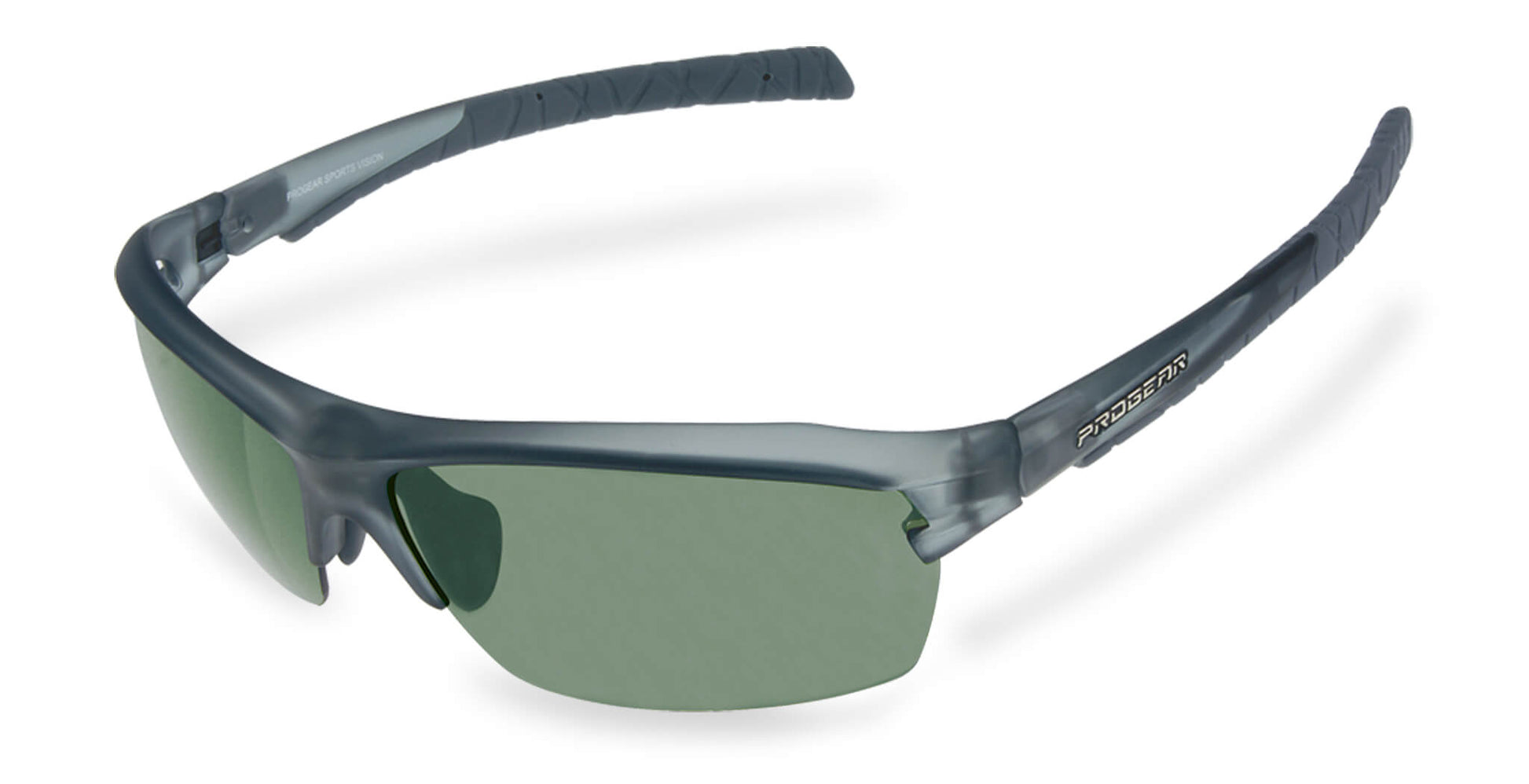 Frosted gray PROGEAR cycling sunglasses with green lenses and sport wrap frame for prescription use and UV protection.
