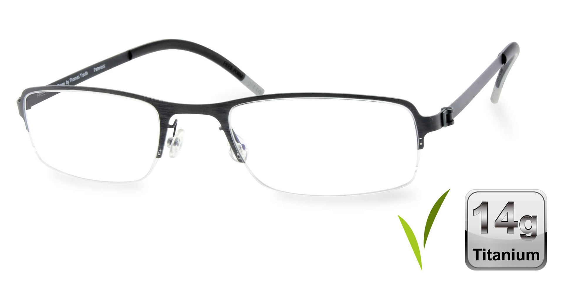Free Form Eyewear™ FFA904 green half-frame titanium glasses with 14g ultra-lightweight design and screwless hinges. Luxury German-engineered eyeglasses for men and women.