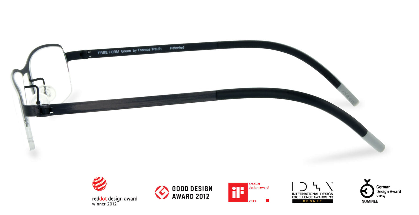 Free Form Eyewear™ Titanium 14g feather-light green half-frame glasses with screwless hinge, luxury German design for men and women. Award-winning lightweight titanium eyeglasses ideal for strong prescriptions and all-day comfort.