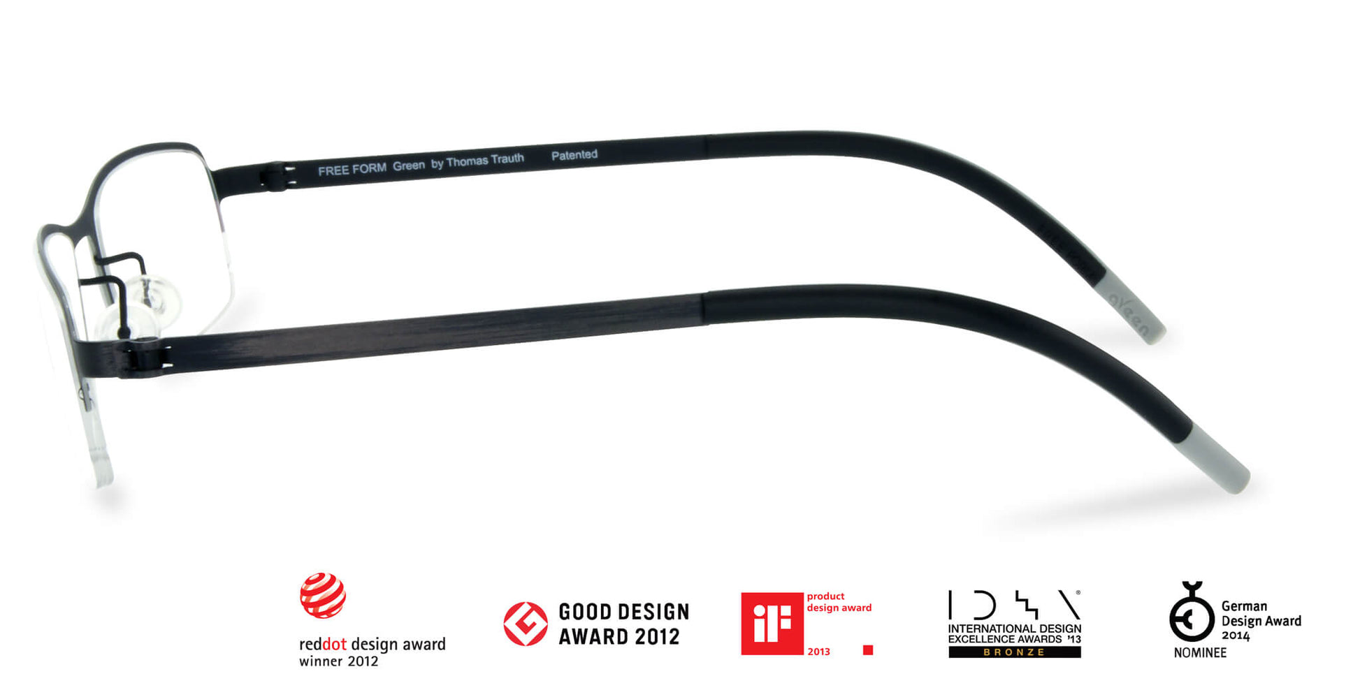 Free Form Eyewear™ Titanium 14g feather-light green half-frame glasses with screwless hinge, luxury German design for men and women. Award-winning lightweight titanium eyeglasses ideal for strong prescriptions and all-day comfort.