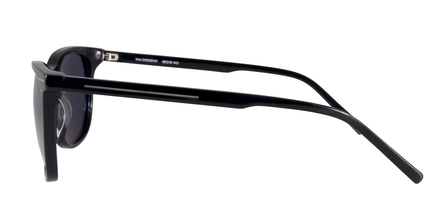 Side view of PROGEAR Urban BI-6008 sunglasses in black. Lightweight temples and wrap-around style for secure fit during activities.