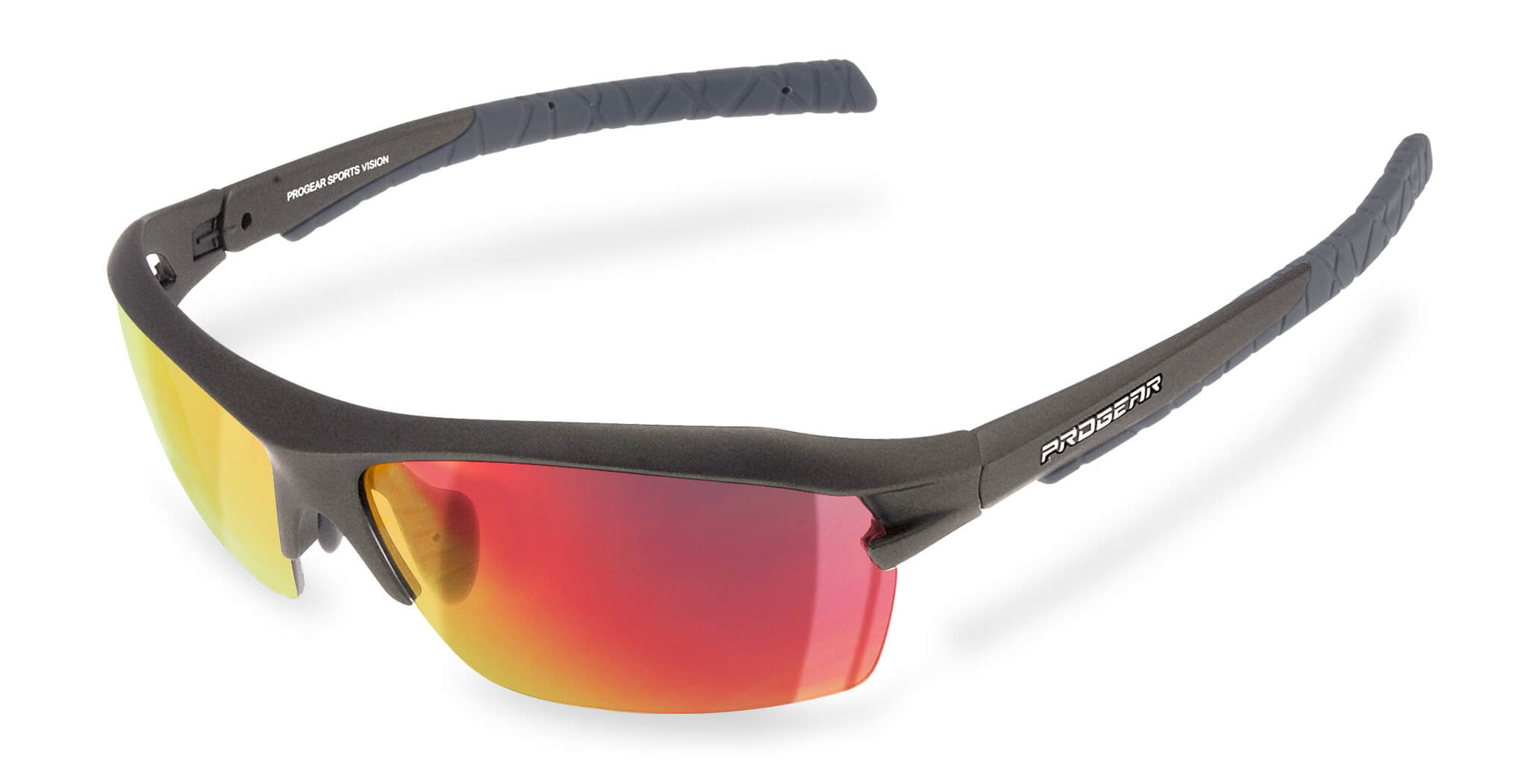 PROGEAR Racer S-1283 fishing prescription sunglasses in black frame with red polarized lenses. Lightweight sports eyewear with prescription eligibility.