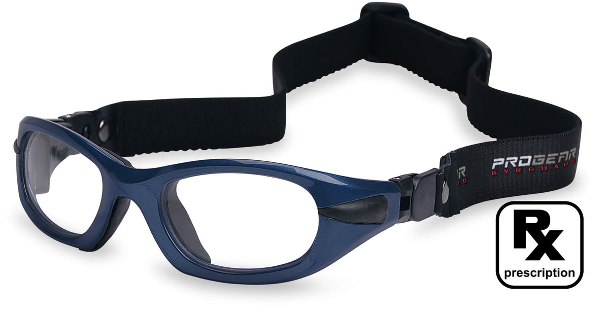 Glossy navy blue PROGEAR Eyeguard football goggles with Rx-ready lenses and secure sports strap for high-impact play.