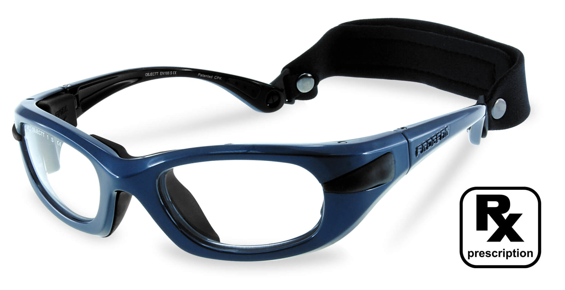 PROGEAR Eyeguard prescription football glasses in navy blue with detachable strap for secure fit. Designed for high-impact sports and strong prescriptions.