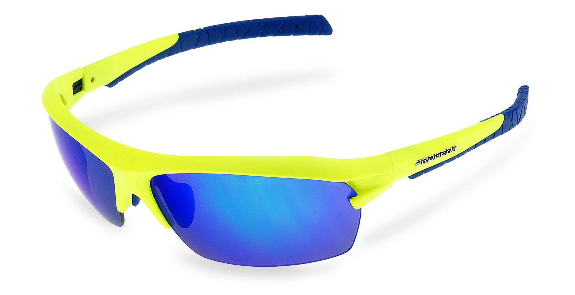 Yellow and blue PROGEAR cycling sunglasses with blue lenses and sport wrap frame for prescription use and UV protection.