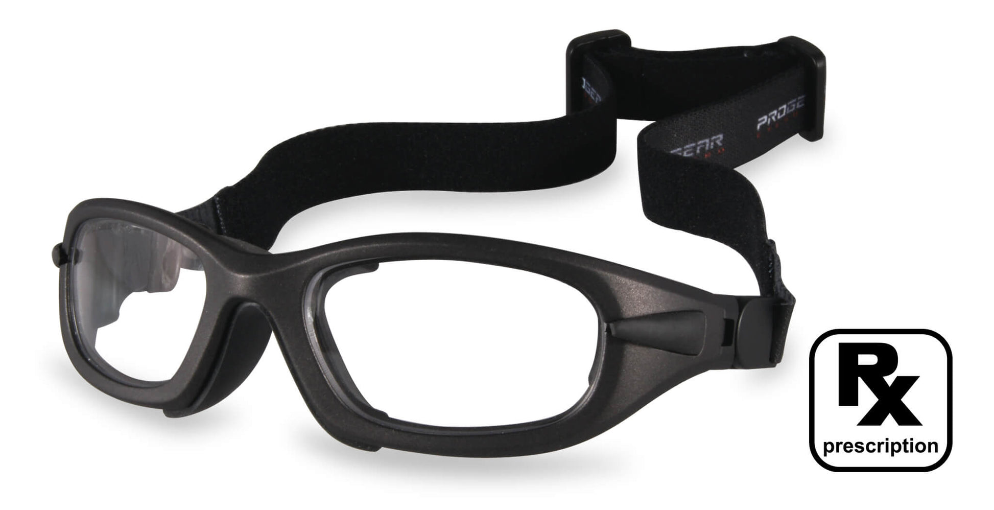 Black PROGEAR Eyeguard prescription football goggles with adjustable strap for high-impact sports safety. Ideal for strong prescriptions and unisex use.