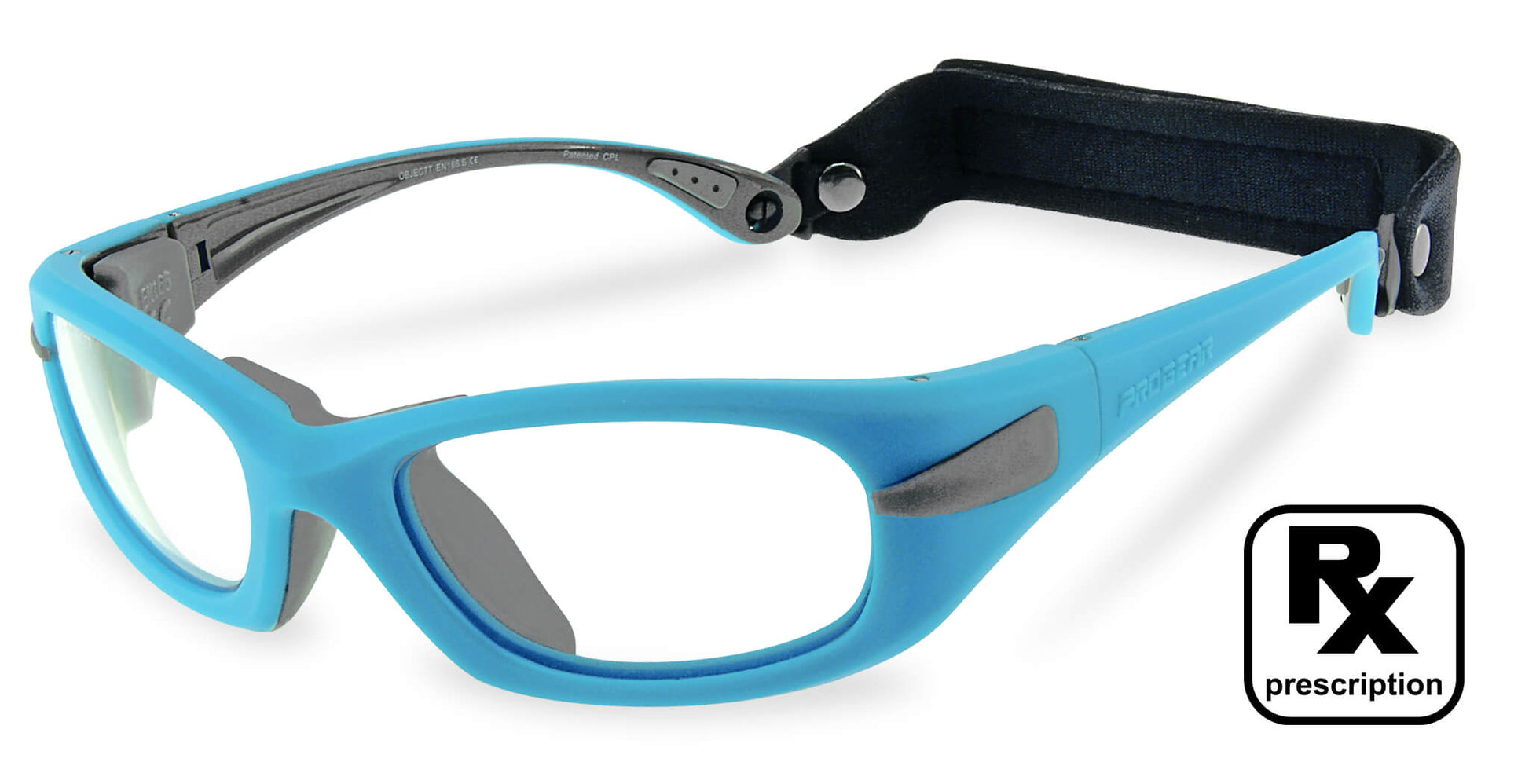 Blue PROGEAR Eyeguard prescription pickleball glasses with black strap, designed for unisex sports use and high-impact resistance.