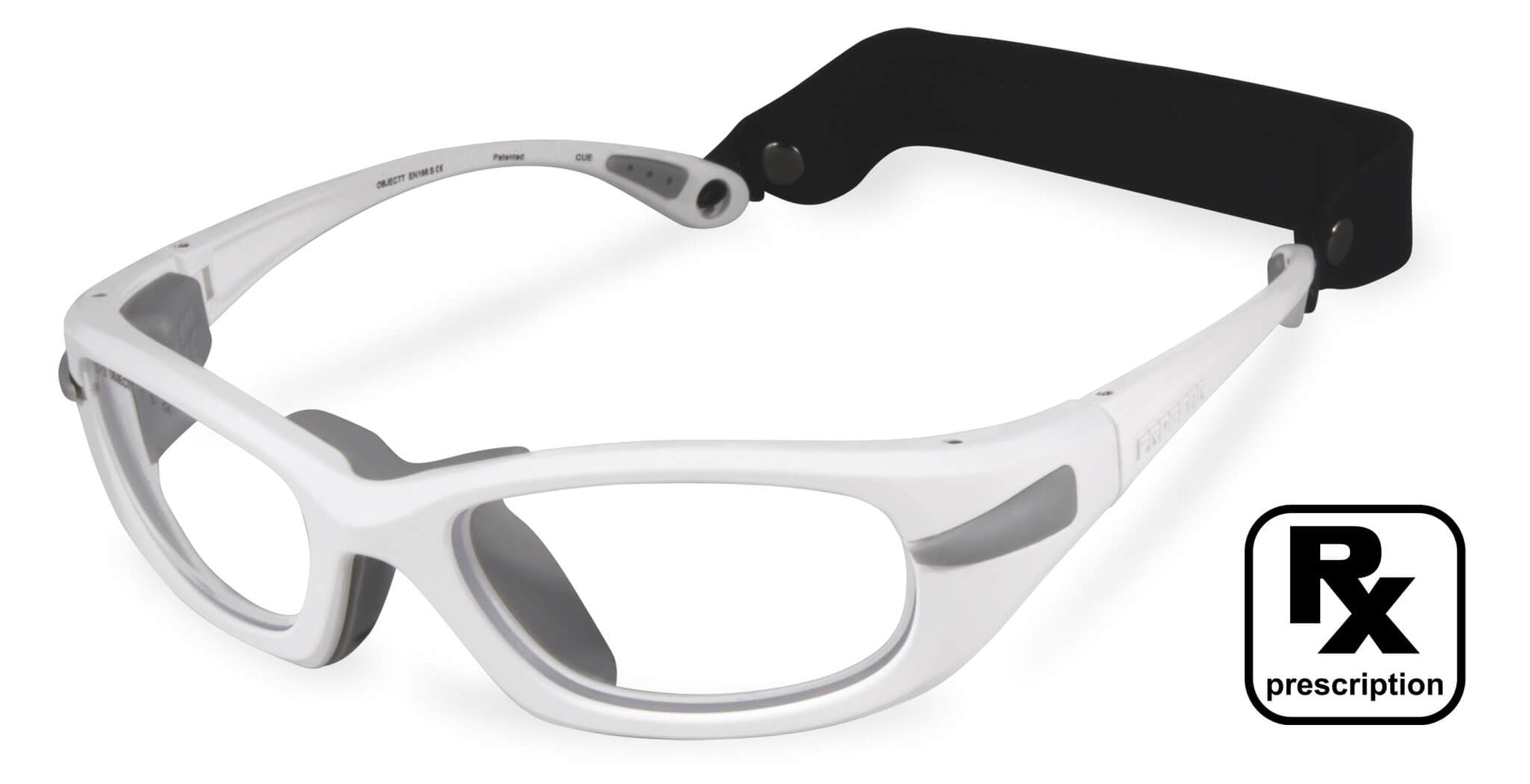 PROGEAR Eyeguard prescription soccer glasses in white with clear lenses and black adjustable strap. Sports safety goggles for high-impact protection.