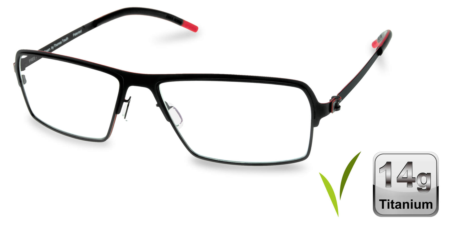 Free Form Eyewear™ Titanium 14g feather-light full frame eyeglasses in green with red temple tips. Luxury German design for men and women.