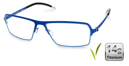 Free Form Eyewear™ FFA924 full-rim eyeglasses in matte blue titanium, weighing only 14g. Lightweight German design ideal for men and women seeking luxury optical frames.