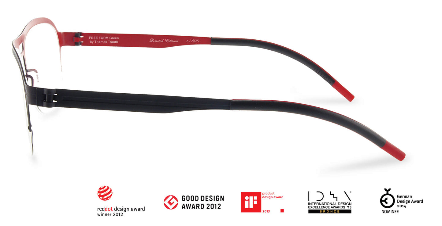 Free Form Eyewear™ Titanium 14g luxury eyeglasses in green with red temples, half-frame design, featuring screwless German-engineered hinges.