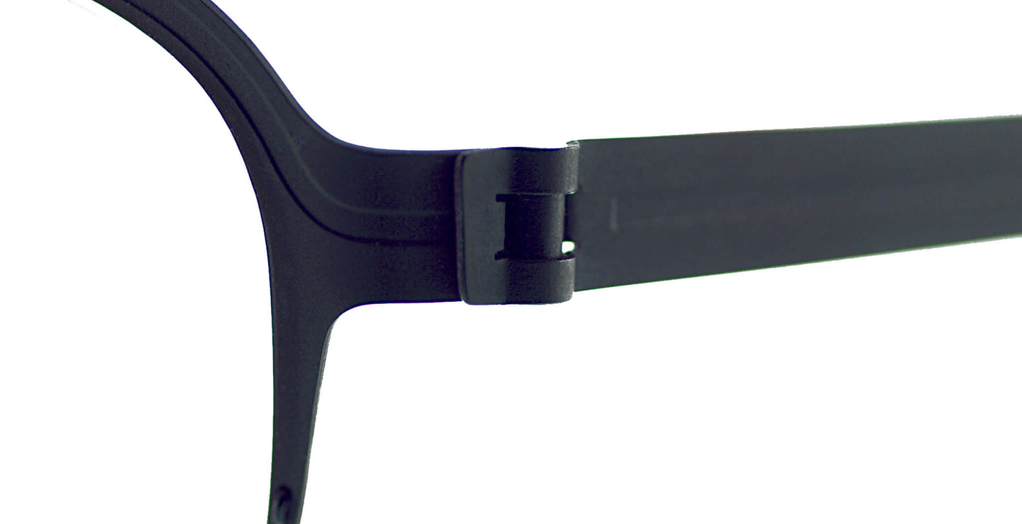 Close-up of Free Form Eyewear™ Titanium FFA934 green half-frame temple hinge, showcasing screwless German-engineered lightweight design.