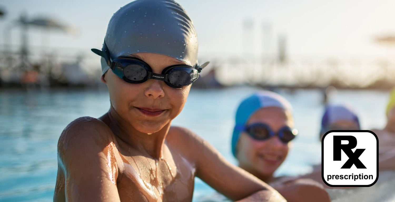 PROGEAR H2O kids custom prescription swimming goggles for myopia, hyperopia, and astigmatism, shown on a child in a pool. Ideal RX swim goggles for nearsighted or farsighted kids.