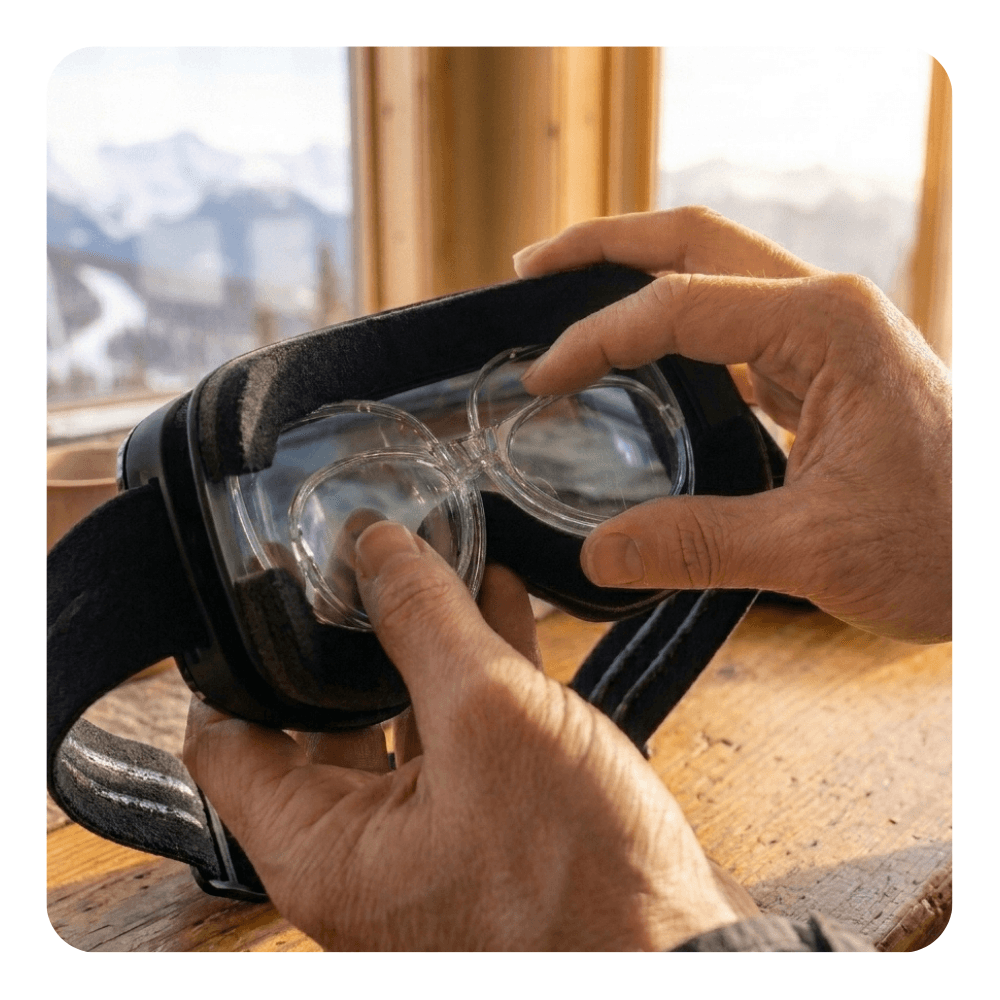 hands installing the ski prescription inserts into a snow goggle